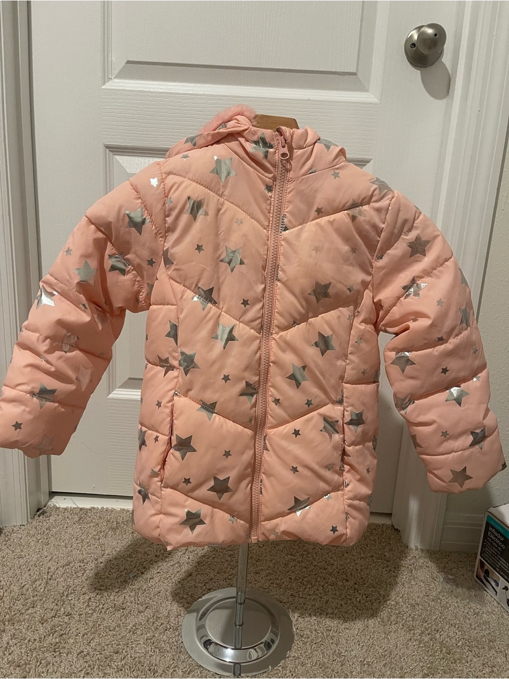 Swiss Tech Girls' Peach Pink Star-Print Puffer Jacket with Hood